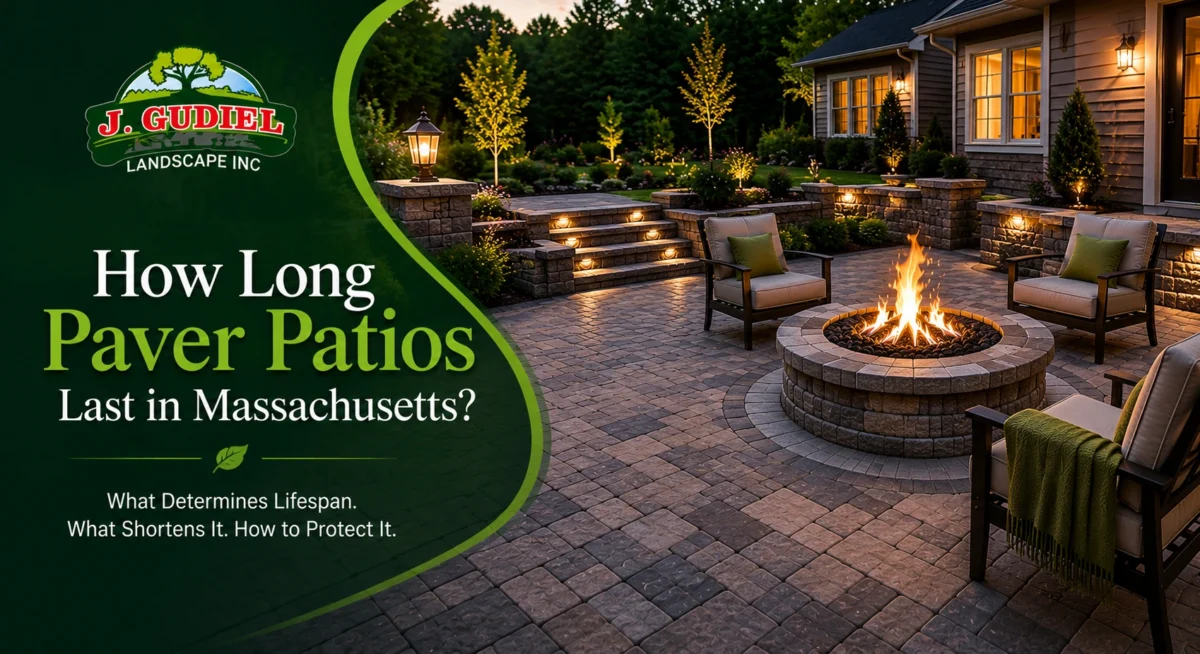 Elegant patio at dusk with fire pit