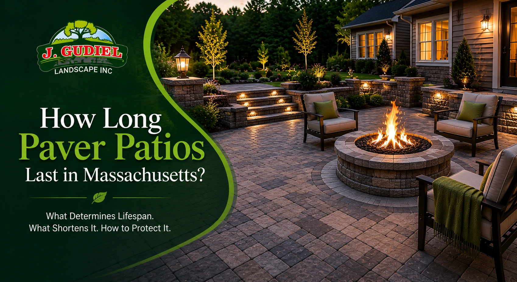 Elegant patio at dusk with fire pit