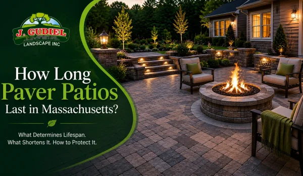 Elegant patio at dusk with fire pit